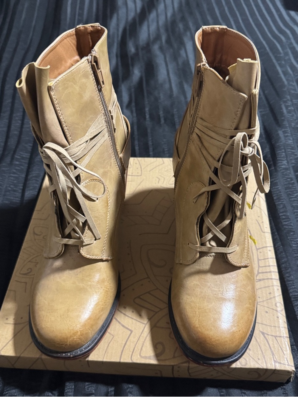 Women's Lace-Up Tan Ankle Booties with Side Zip
